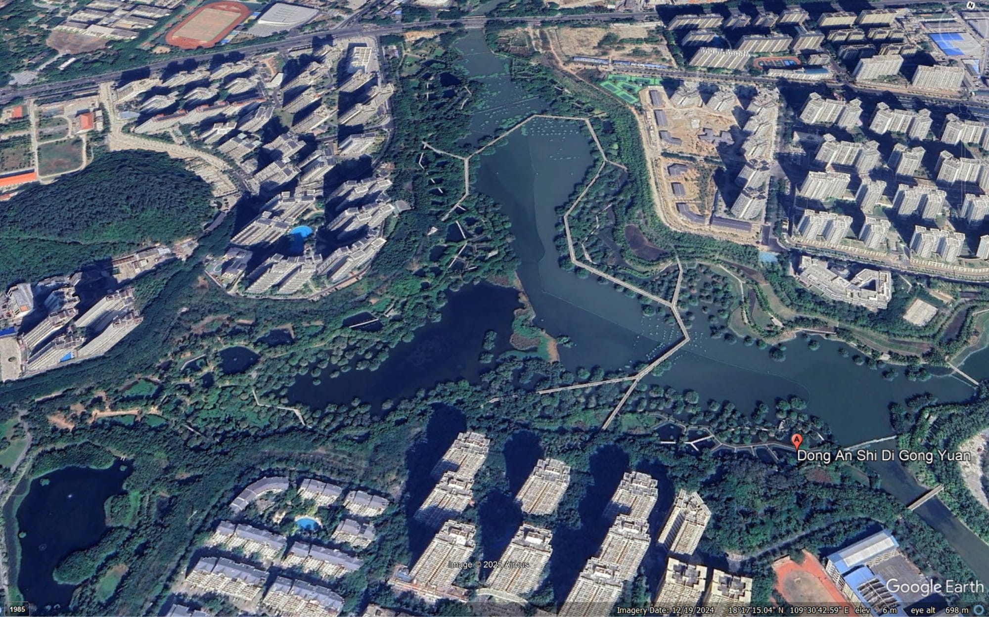 Google Earth aerial view of Y-shaped central lake and vegetation in a wetland park in Dong An City in China